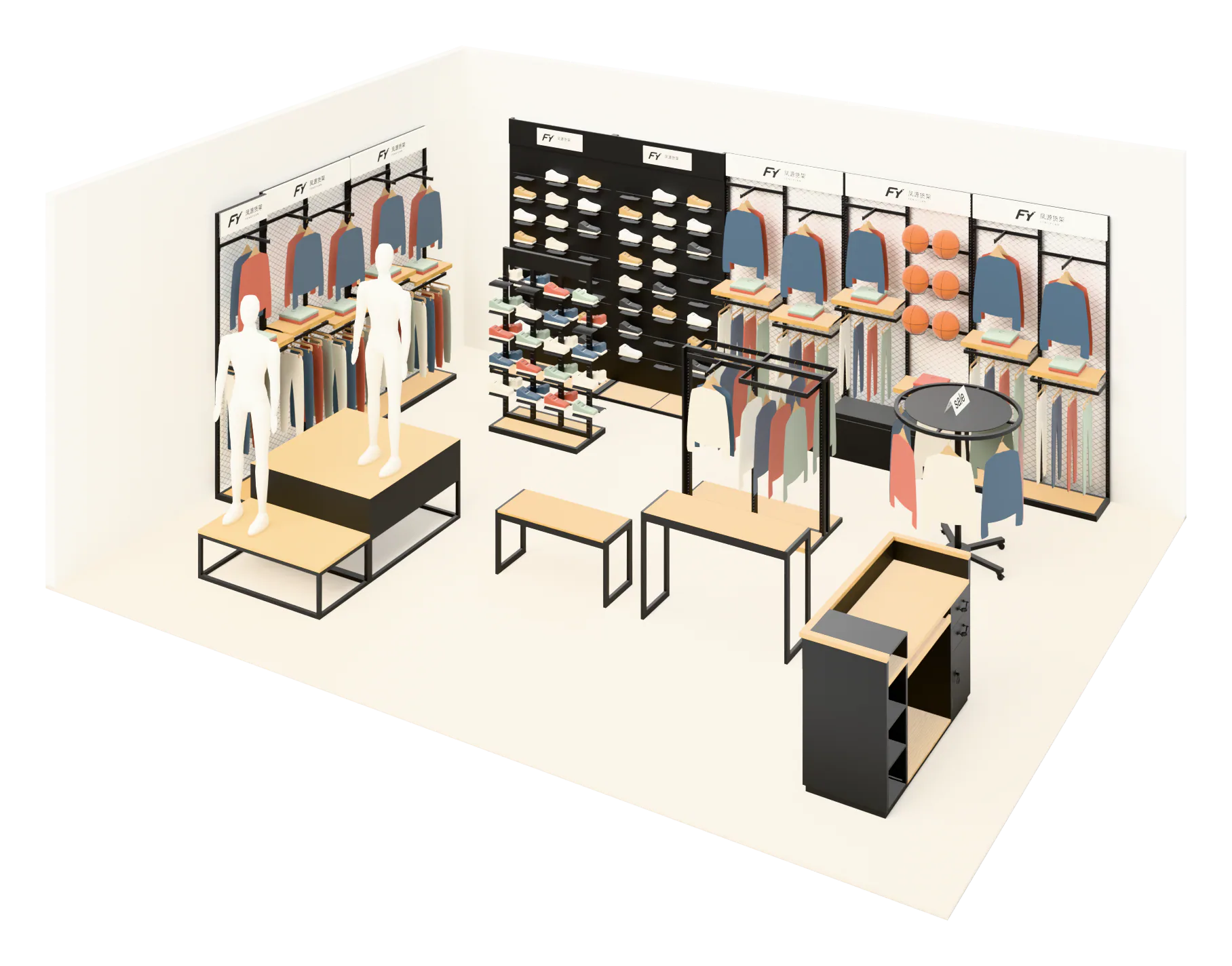 整店设计效果图:鞋墙、服装墙、中岛、陈列台、模特台和收银台